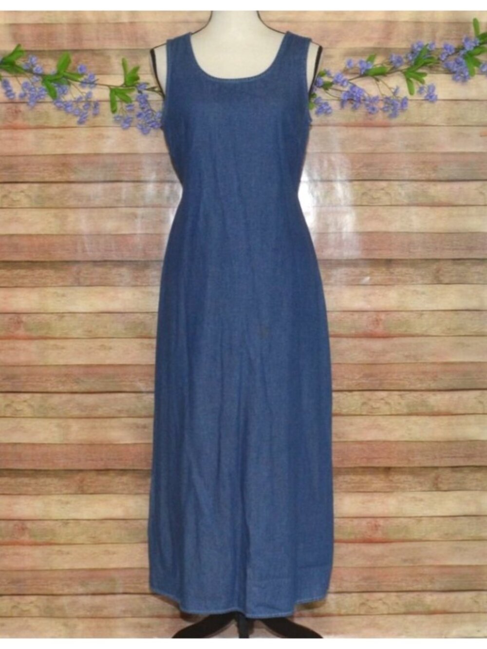 Y2K 90's Bridgewater Blue Denim Ladies Sleeveless Maxi Dress M Cottage Core
